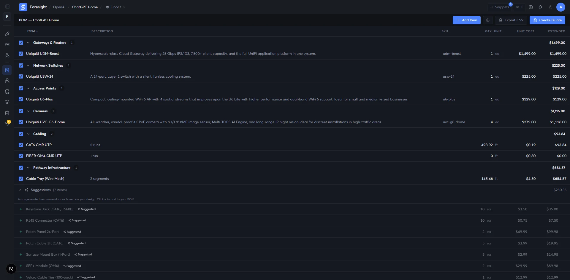 Bill of Materials view with categories and live suggestions