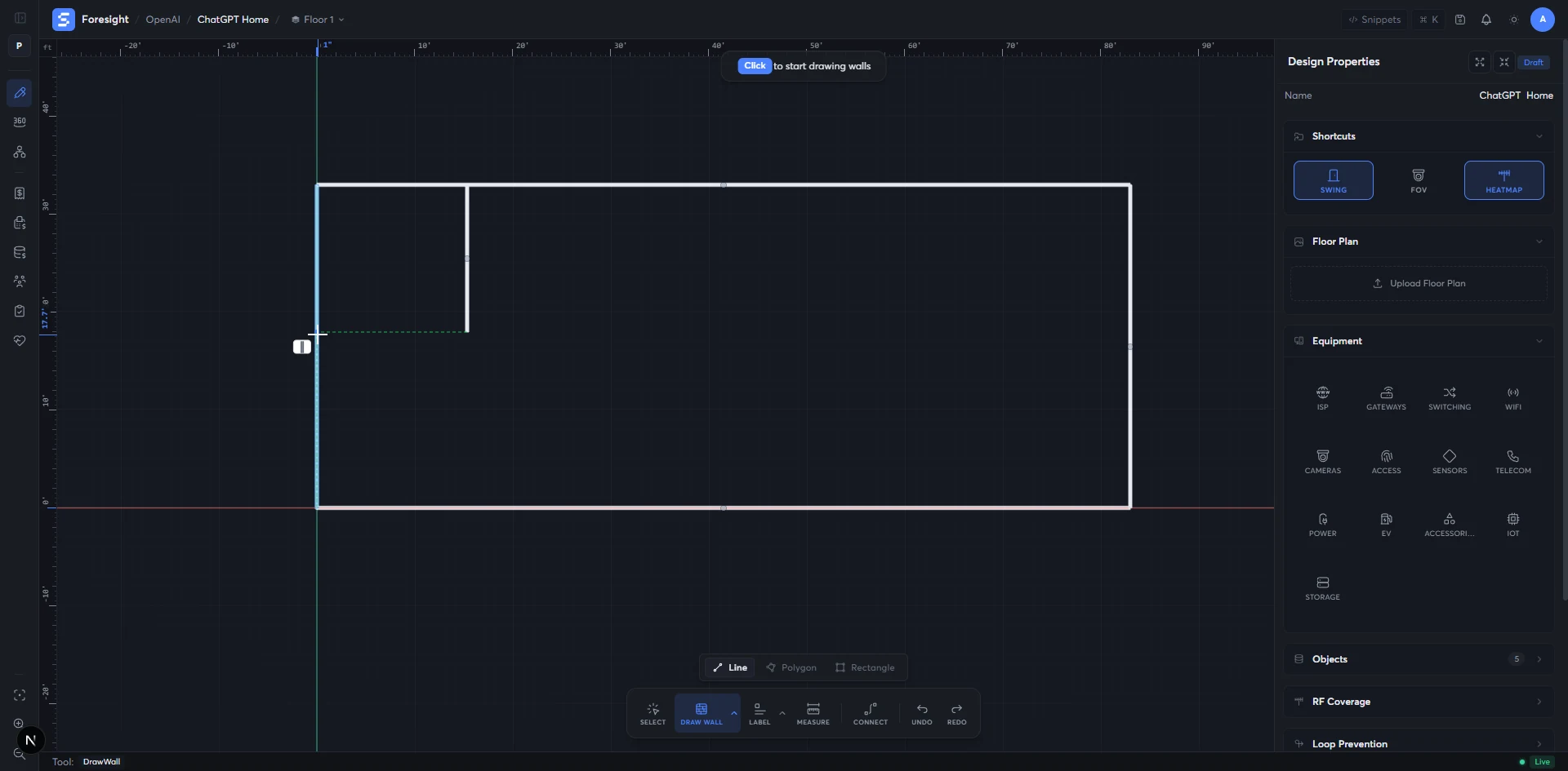 Wall drawing tool active with a partial floor plan