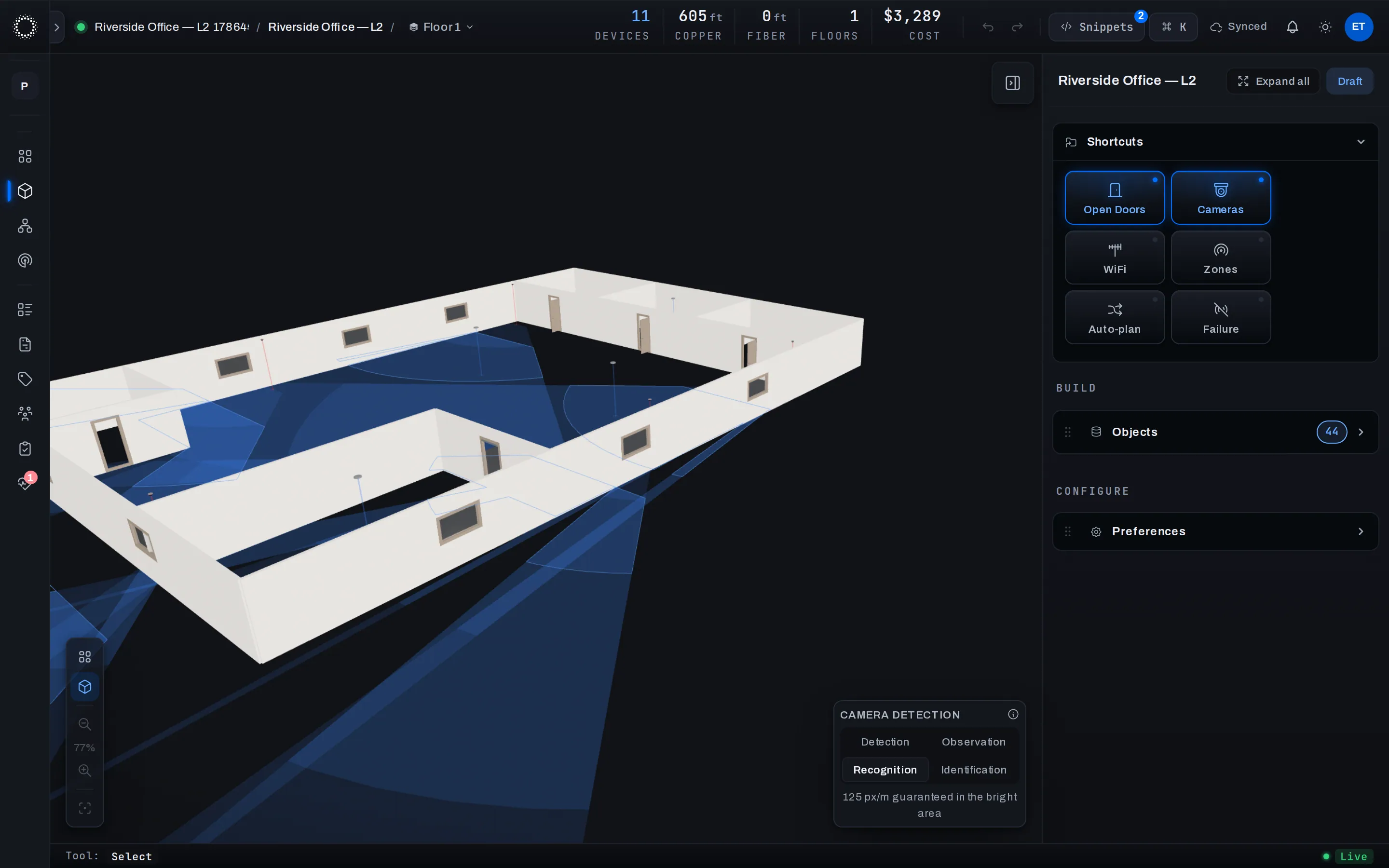 3D view of the office with walls at real height and camera fields of view sweeping the floor